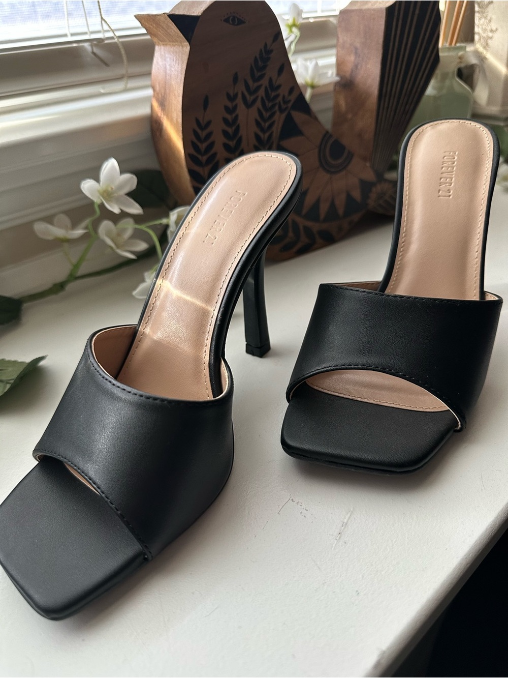 Forever 21 Black Square Toe High Heel Mules